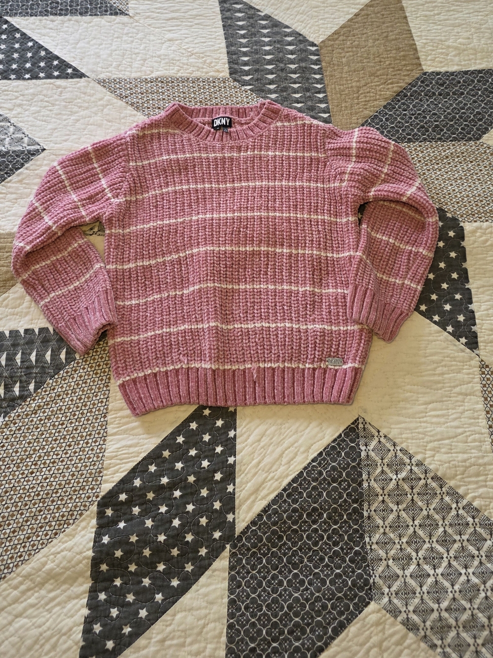 DKNY Pink and Cream Striped Crewneck Sweater